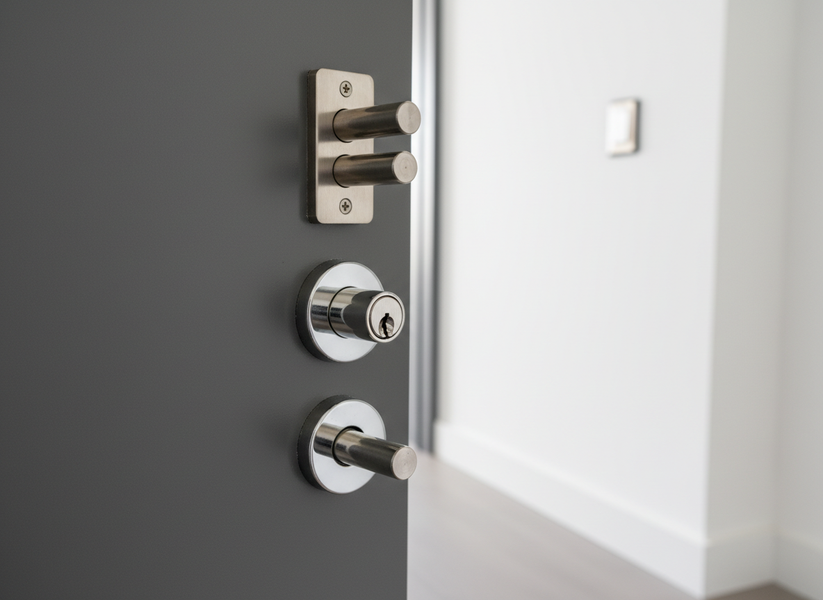 A close-up photographic view of a high-security steel door lock installed on a sleek dark gray apartment door, with the polished chrome cylinder, reinforced strike plate, and multi-point locking bolts clearly visible. The door is set in a freshly painted white hallway wall with a minimalist baseboard and a brushed aluminum light switch in the blurred background. Soft, diffused daylight from an unseen window to the left creates gentle highlights on the metal surfaces and subtle shadows along the door edge. Shot at eye level with a shallow depth of field, the focus is razor-sharp on the lock mechanism. The mood is professional, reassuring, and secure, with a clean, modern, photographic realism perfectly suited to a premium locksmith and glazing service.